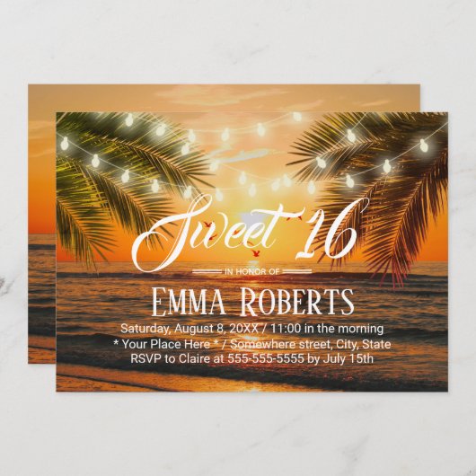 Sweet 16 Tropical Sunset Beach String Lights Einladung (Vorne/Hinten)