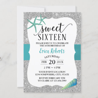 Sweet 16 türkise Strand Starfish Modernes Silber Einladung