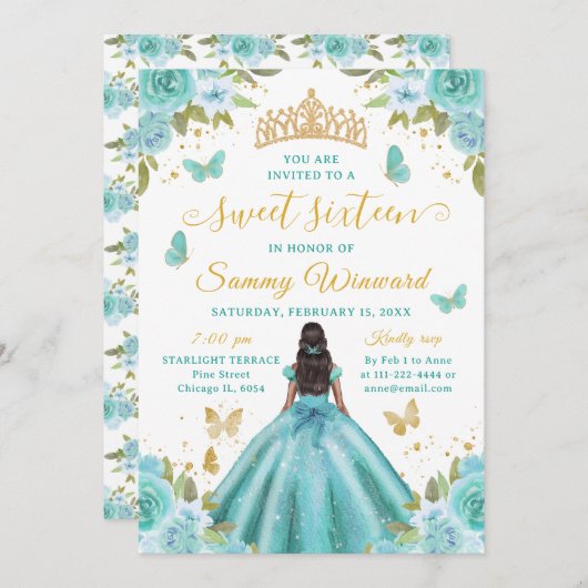Sweet 16 Turquoise Princess African American Girl Einladung (Vorne/Hinten)