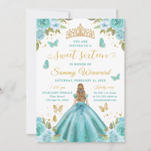 Sweet 16 Turquoise Princess Blonde Girl Einladung (Vorderseite)