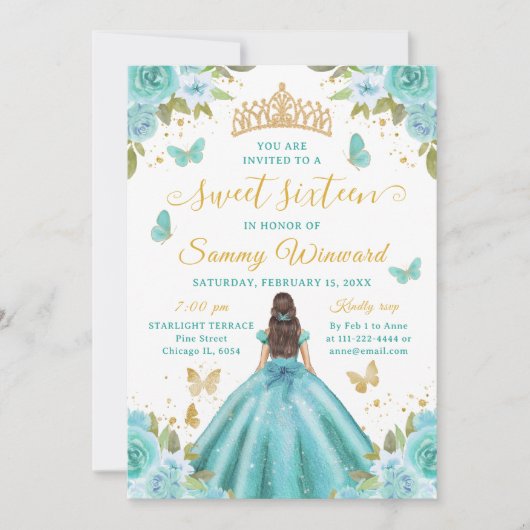 Sweet 16 Turquoise Princess Brunette Girl Einladung (Vorderseite)