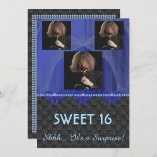 Sweet 16 Überraschendes Party Blau Seide & Perlen Einladung