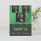 Sweet 16 Überraschendes Party Grüne Seide & Perlen Einladung (Stehend Vorderseite)