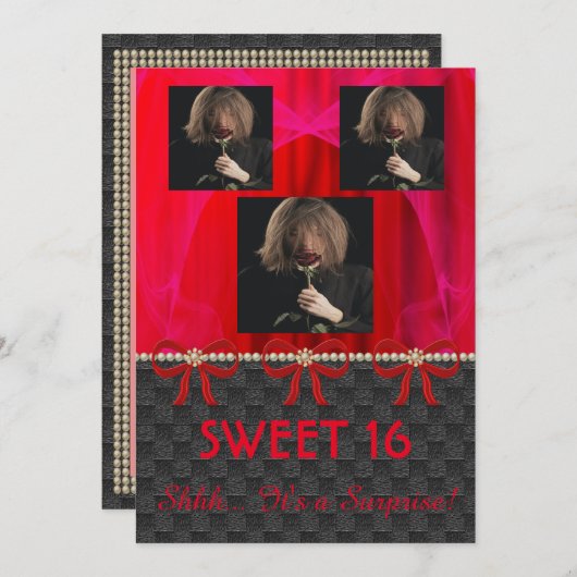 Sweet 16 Überraschendes Party Red Silk & Pearls & Einladung (Vorne/Hinten)