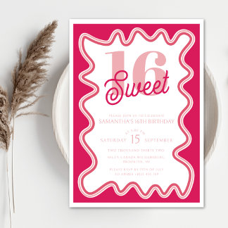Sweet 16 Vibrant Pink Retro Wavy Sechzehnte Einladung