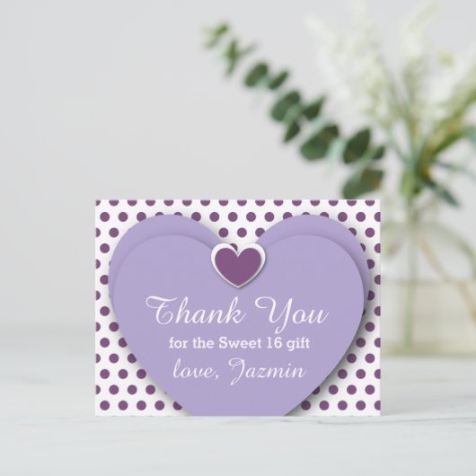 SWEET 16 Vielen Dank Herzens Lila Polka Dots B05 Postkarte (Stehend Vorderseite)