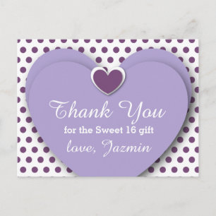 SWEET 16 Vielen Dank Herzens Lila Polka Dots B05 Postkarte