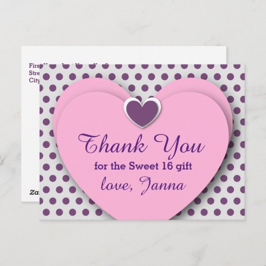 SWEET 16 Vielen Dank Herzens Lila Polka Dots B07 Postkarte (Vorne/Hinten)