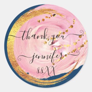 Sweet 16. Vielen Dank Save the Date Pink Navy Gold Runder Aufkleber