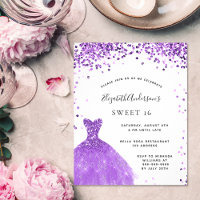 Sweet 16 violett-weißes Kleid Glitzer Einladung