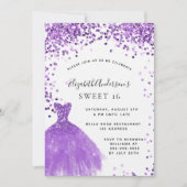 Sweet 16 violett weißes Kleid Glitzer Luxus Einladung (Vorderseite)
