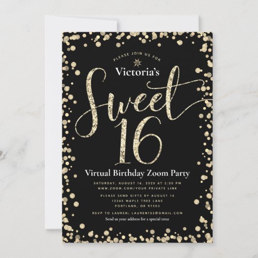 Sweet 16 Virtual Girly Black Gold Glitzer Geburtst Einladung (Vorderseite)