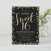 Sweet 16 Virtual Girly Black Gold Glitzer Geburtst Einladung (Stehend Vorderseite)