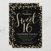 Sweet 16 Virtual Girly Black Gold Glitzer Geburtst Einladung (Vorne/Hinten)