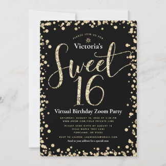 Sweet 16 Virtual Girly Black Gold Glitzer Geburtst Einladung