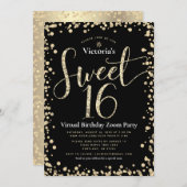 Sweet 16 Virtual Girly Gold Black Glitzer Geburtst Einladung (Vorne/Hinten)