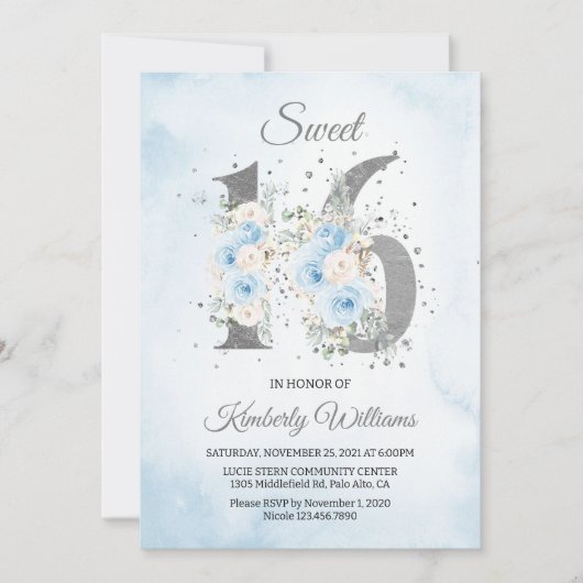 Sweet 16 Watercolor Baby Blue Theme Einladung (Vorderseite)