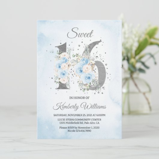 Sweet 16 Watercolor Baby Blue Theme Einladung (Stehend Vorderseite)
