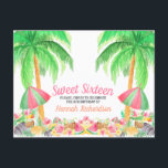 Sweet 16 Watercolor Hawaiian Thema Geburtstag Einladungspostkarte<br><div class="desc">Süße 16 hawaiianische Geburtstagseinladungen in hübschen Aquarellen. Diese hübsche 16 Postkarten-Einladung mit schattigen Palmen und einem Strandbüffet mit rosa und grünen Sonnenschirmen. Für hawaiianische Partys zum Thema Luau gibt es ein Fest mit tropischen Früchten, Cocktails mit Kokosnuss und Ananas, Melonen, rosa Hibiskus und tropische Blume in Gelb. Sweet 16 und...</div>