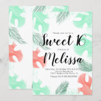 Sweet 16 Watercolor Monstera Coral Mint Blätter
