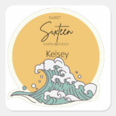 Sweet 16 Wave und Sun Monogram - Name Quadratischer Aufkleber (Vorderseite)