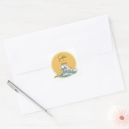 Sweet 16 Wave und Sun Monogram - Name Quadratischer Aufkleber (Umschlag)