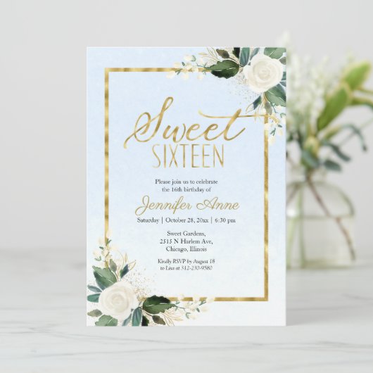 Sweet 16 weiße Blüte auf Dusty Blue Einladung (Stehend Vorderseite)