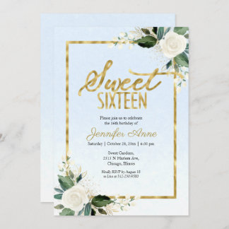 Sweet 16 weiße Blüte auf Dusty Blue Einladung