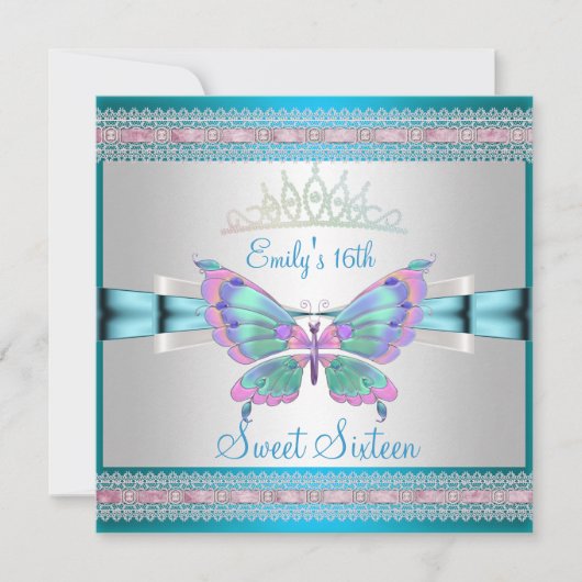Sweet 16 White Aquamarin Blue Pink Butterfly Einladung (Vorderseite)
