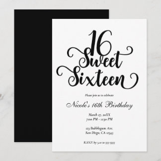 Sweet 16 White & Black Birthday Party Einladung
