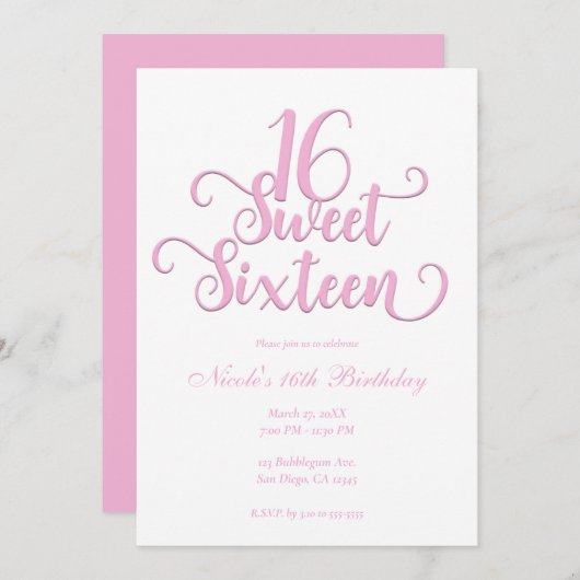 Sweet 16 White & Bubblegum Pink Art Geburtstag Einladung (Vorne/Hinten)