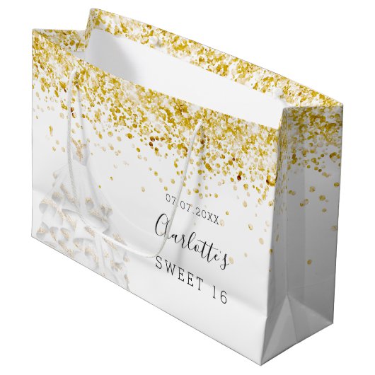 Sweet 16 white gold Glitzer Kleidername Große Geschenktüte (Vorderseite Schrägansicht)