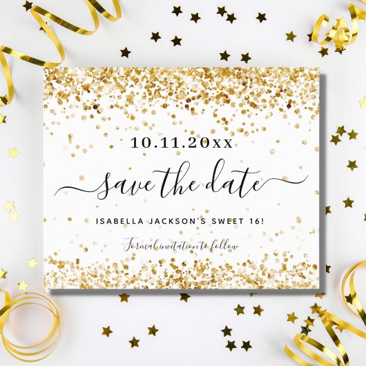 Sweet 16 white gold Save the Date card