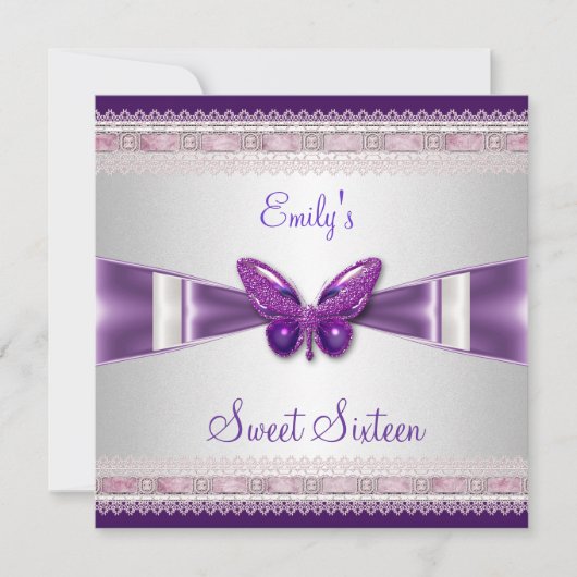 Sweet 16 White Lila Butterfly Einladung (Vorderseite)