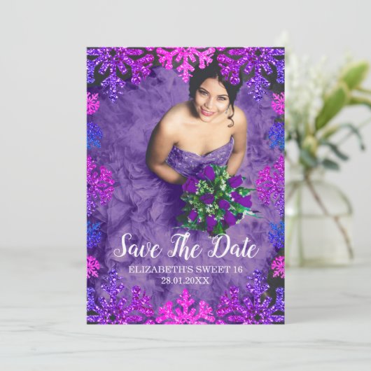 Sweet 16 Winter Snowflake Birthday Save The Date (Stehend Vorderseite)