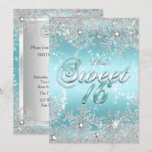 Sweet 16 Winter Wonderland Blaue Aquamarine Schnee Einladung