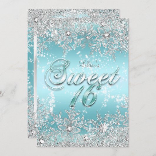 Sweet 16 Winter Wonderland Blaue Aquamarine Schnee Einladung (Vorne/Hinten)