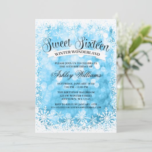 Sweet 16 Winter Wonderland Blue Glitzer Lights Einladung (Stehend Vorderseite)