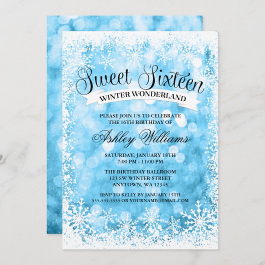Sweet 16 Winter Wonderland Blue Glitzer Lights Einladung (Vorne/Hinten)
