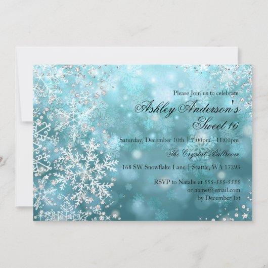 Sweet 16 Winter Wonderland Sparkle Schneeflocken Einladung (Vorderseite)