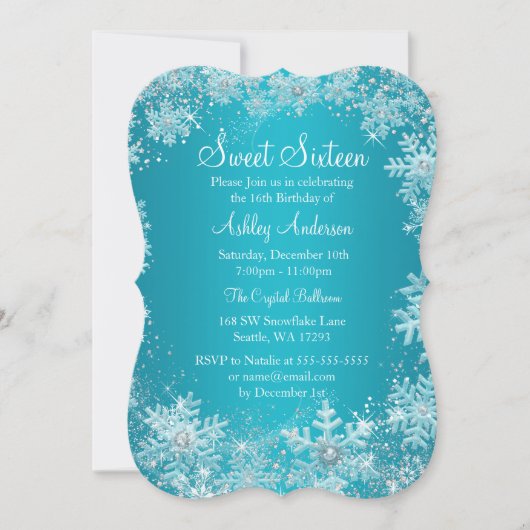 Sweet 16 Winter Wonderland Sparkle Schneeflocken Einladung (Vorderseite)