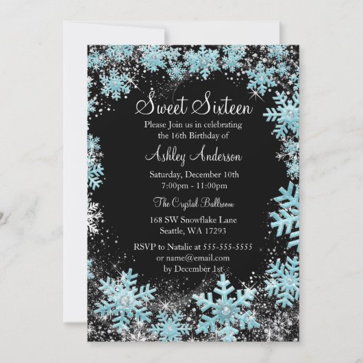 Sweet 16 Winter Wonderland Sparkle Schneeflocken Einladung (Vorderseite)