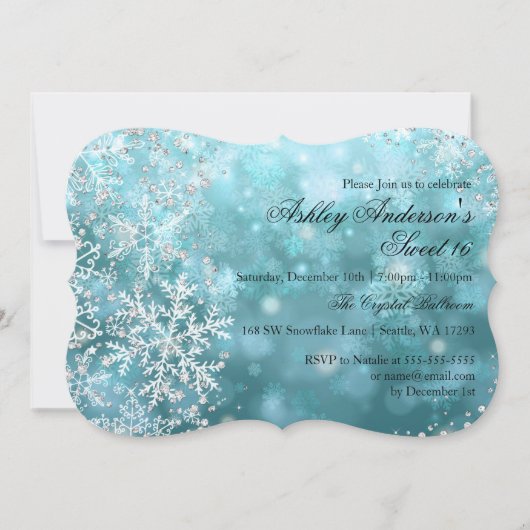 Sweet 16 Winter Wonderland Sparkle Schneeflocken Einladung (Vorderseite)