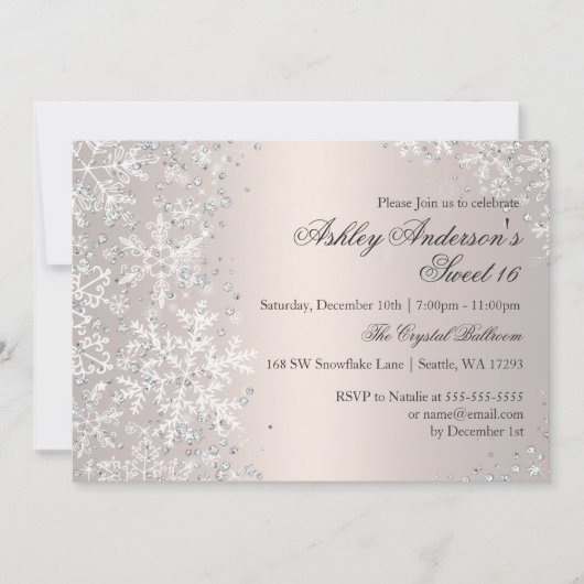 Sweet 16 Winter Wonderland Sparkle Schneeflocken Einladung (Vorderseite)