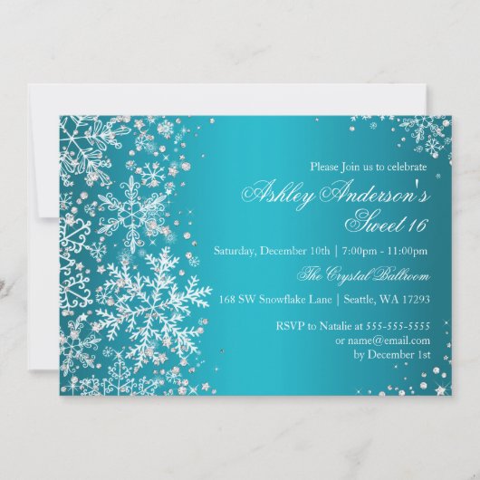 Sweet 16 Winter Wonderland Sparkle Schneeflocken Einladung (Vorderseite)