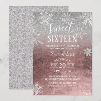 Sweet 16 Winterschneeflocken Rose Gold & Silber Einladung