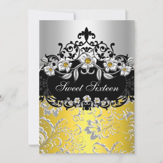 Sweet 16 Yellow Silver Black Floral Jewel Party Einladung (Vorderseite)