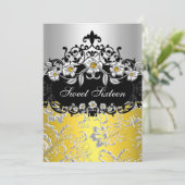 Sweet 16 Yellow Silver Black Floral Jewel Party Einladung (Stehend Vorderseite)