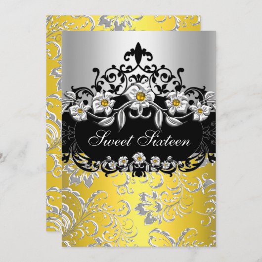 Sweet 16 Yellow Silver Black Floral Jewel Party Einladung (Vorne/Hinten)
