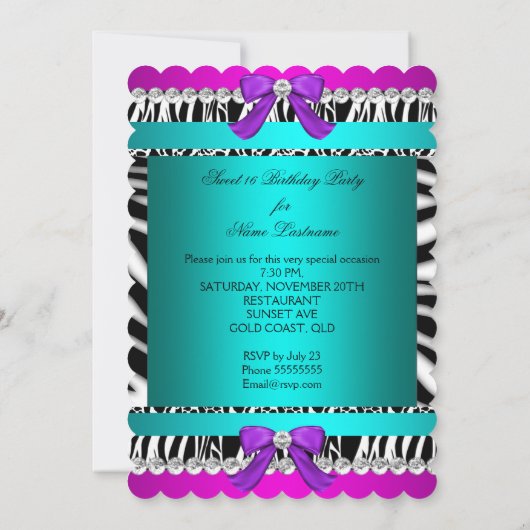 Sweet 16 Zebra Pink Aquamariner Lila Bow Fun Party Einladung (Rückseite)